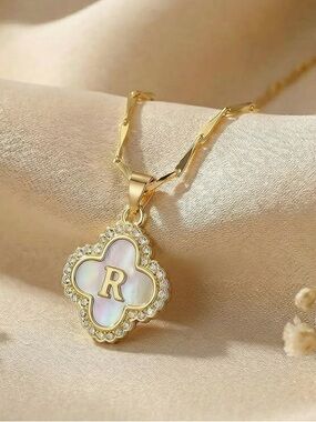 Gold Initial 'R' Mother-of-Pearl CZ Clover Pendant Seed Chain Necklace